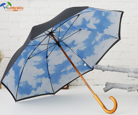 DOUBLE CANOPY UMBRELLA WITH BLUE SKY AND WHITE CLOUDS WOODEN UMBRELLA