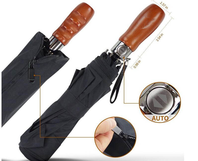 RYDR Curved Wooden Handle Auto Open/Close Umbrella – Black, Windproof
