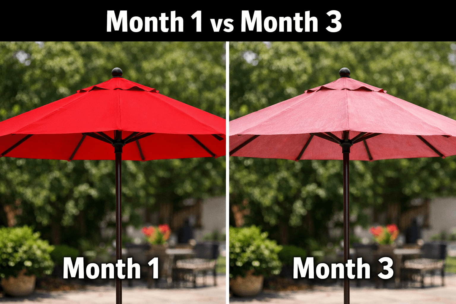 red umbrella. Right: The same umbrella looking faded pink and old after sun exposure