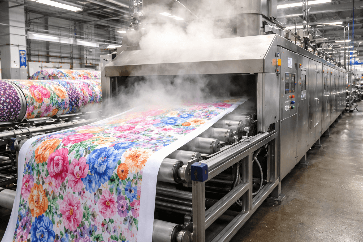 digitally printed fabric entering a high-temperature steam chamber for color fixation