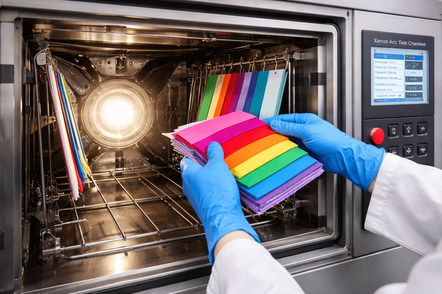 A technician is placing colorful fabric swatches inside for lightfastness testing.