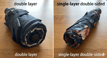 Comparison of bulky double layer vs Single-layer double-sided umbrella printing technology