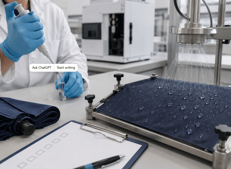 Laboratory testing of umbrella fabric for PFAS compliance and water repellency performance.