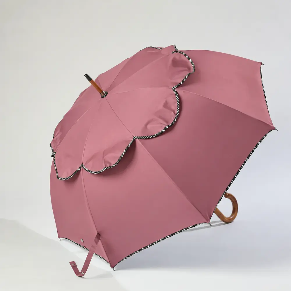 Custom dusty rose designer umbrella with vented scalloped canopy and curved wooden handle