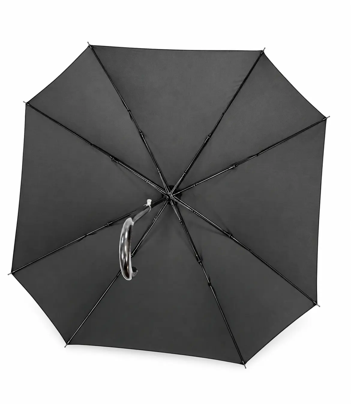 Inside frame and slim ribs of a custom black square event umbrella