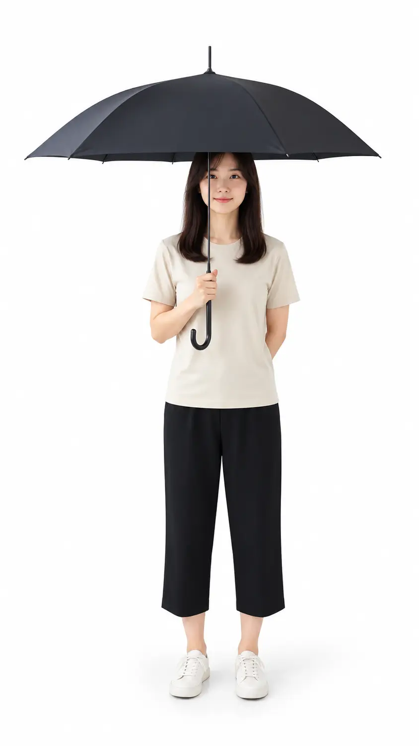 Front view of a model holding a custom black square umbrella