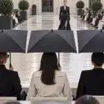 Guests using custom square umbrellas while watching a Paris outdoor fashion show