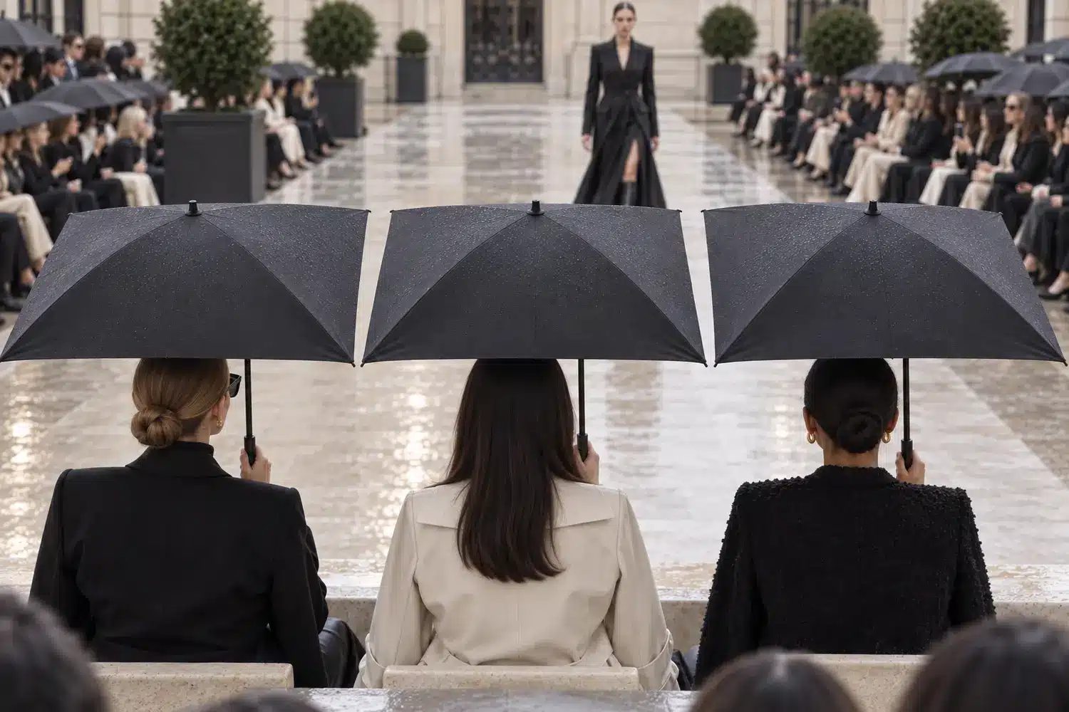 Guests using custom square umbrellas while watching a Paris outdoor fashion show