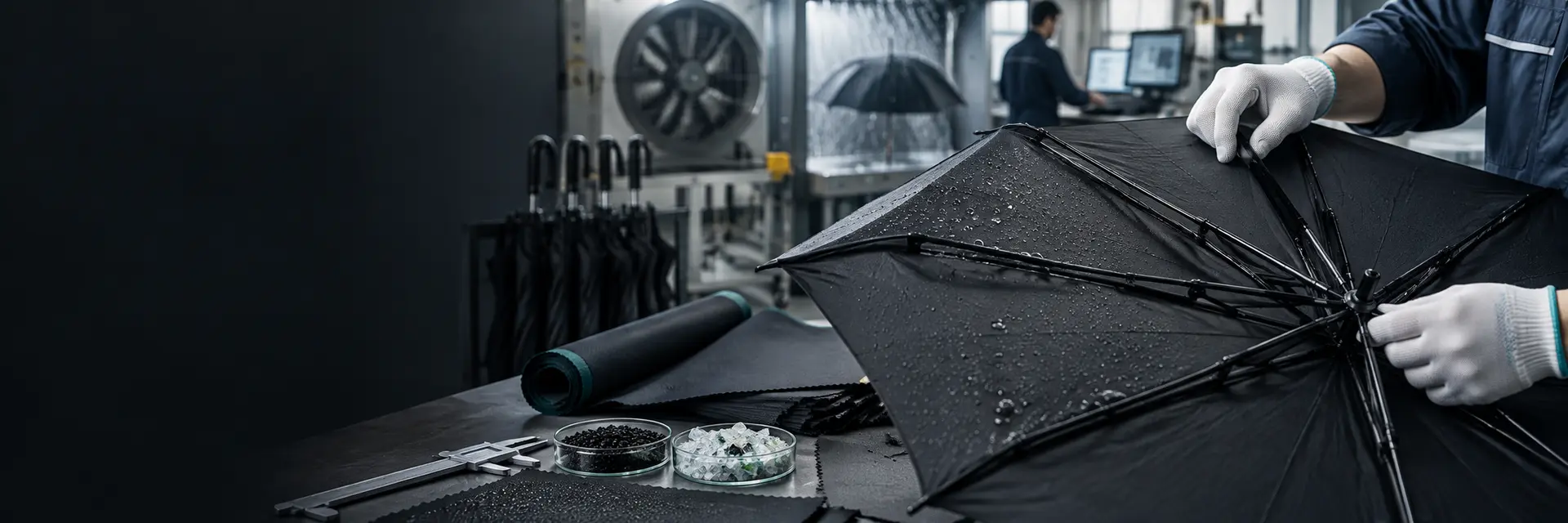 HF Umbrella worker sewing a custom umbrella canopy in our factory