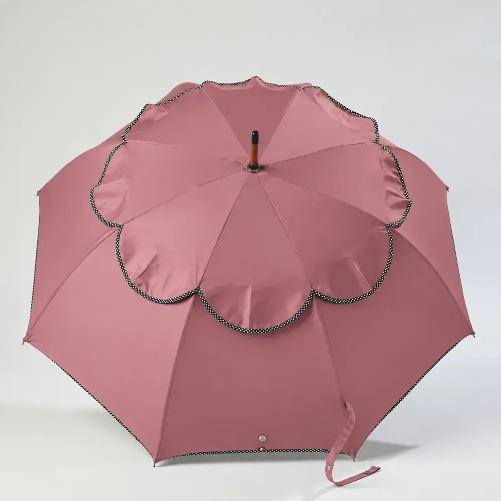 Dusty rose scalloped double canopy designer umbrella with black and white polka-dot trim
