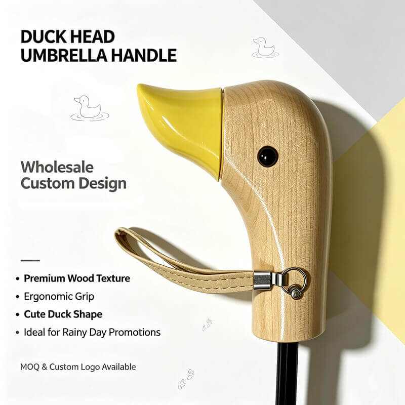 Close-up of carved wooden duck head umbrella handle